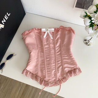 Pure desire heavy industry bow lace spliced fishbone waist jacquard satin tube top women's french strappy top pink s