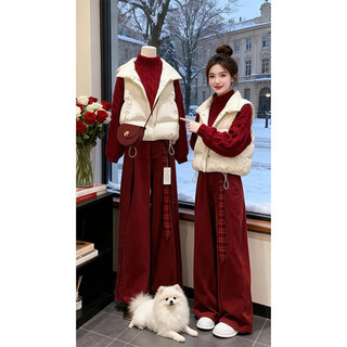Nalinya winter outfit suit for women red atmosphere loose knitted sweater vest wide leg pants three-piece set white vest red sweater + red pants three-piece set free belt m