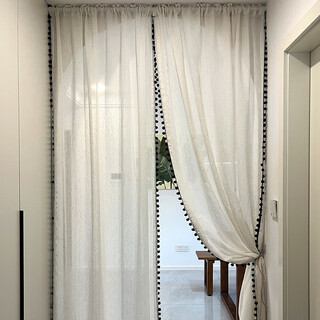 Quality door curtains, partition curtains, cotton and linen gauze curtains, cream medieval curtains, beautiful decorative partition curtains without punching, pearl milk tea door curtains (two pieces + telescopic rod + lace straps) for customization, contact customer service