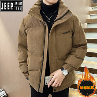 Jeep spirit corduroy cotton jacket men's winter thickened warm versatile cotton jacket casual handsome stand-up collar bread jacket 9720 khaki xl (approximately 120~135jin jin equals 0.5kg can be worn)