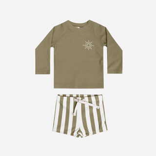 Da tuan xiao yuan 2025 new children's long-sleeved split swimsuit for boys and girls sun protection quick-drying hot spring swimwear upgraded model gray green stripes m 90cm