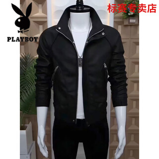 Playboy men's leather jacket autumn and winter new men's leather jacket korean style slim casual high-level tops puffy and trendy black (no velvet) spring and autumn style s 90-115jin jin is equal to 0.5 kg