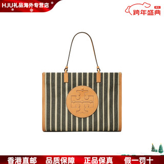 Tory burch ella double t logo stripe lightweight commuting canvas with leather trim canvas bag tote bag basic package (bag + dust bag)