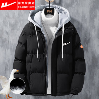 Warrior (warrior) down jacket men's winter new thickened bread jacket teenagers fake two-piece loose hooded white duck down jacket black warrior genuine l 105-120jin jin equals 0.5 kg