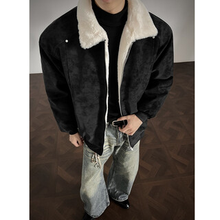 Nying american lamb velvet cotton coat for men in winter new trendy brand thickened warm lapel cotton coat jacket short loose top black xl (130-150jin jin equals 0.5kg)