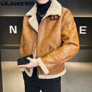 Lilanz fur one-piece jacket men's winter 2025 new trendy casual plus velvet thickened lapel men's leather jacket top yellow m