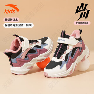 Anta children's cotton shoes 2026 autumn and winter new high-top leather and velvet anti-slip girls' middle and large children's outdoor running shoes black/ivory/dry rose-2 37