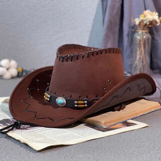 Pubindi tibetan top hat western cowboy hat men and women spring and summer outdoor travel sun protection knight sun hat large brim tibetan dark brown (turquoise leather style)