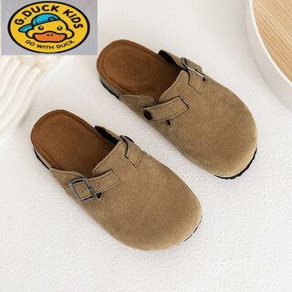 Hal.duck birken shoes for children, girls, autumn and winter new outer wear half-slippers, boys' half-slippers, soft-soled one-leg french khaki color 36, inner length about 22.0cm