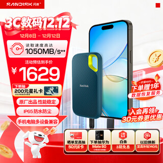 闪迪（SanDisk）2TB Nvme移动固态硬盘（PSSD）E61至尊极速卓越版松柏青SSD 读速1050MB/s 手机直连笔记本外接硬盘