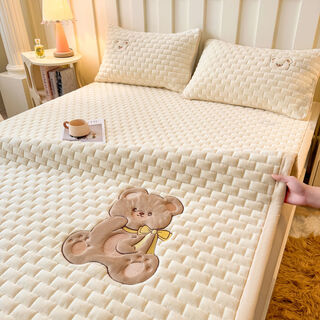 Fantasy bed sheet single piece plus velvet quilt single mattress pad bed cover soft rice bear sheet milk white delicate soft waxy heat storage lock 80x190cm single sheet thickened velvet quick heating
