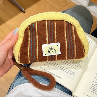 Wing fantasy ins cute cosmetic bag for girls, large-capacity cosmetic storage bag, travel portable, multi-functional hand-held toiletry bag, striped snow rabbit velvet (coffee)