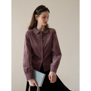Eggka bow embroidered corduroy long-sleeved shirt autumn and winter temperament short waist top e25a60797bk purple m