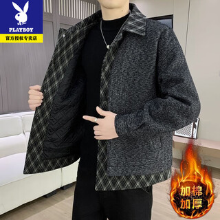 Playboy fake two-piece woolen coat jacket men's winter thickened cotton and light mature style loose woolen jacket men's jacket black thickened cotton xl suitable for 130-150jin jin equals 0.5 kg