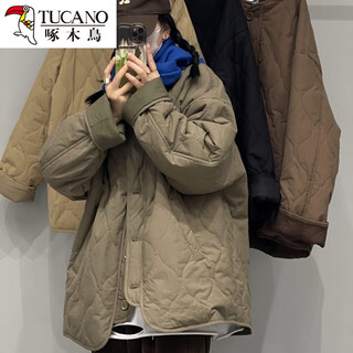 Woodpecker japanese rhombus quilted jacket for women in winter retro thickened cotton to keep warm and light down cotton jacket baseball cotton coffee green m 90-115jin jin is equal to 0.5 kg
