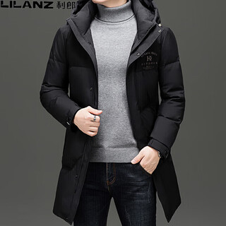 Lilanz men's mid-length down jacket middle-aged men's business casual versatile hooded warm white duck down jacket trendy black 18-25803 m 170