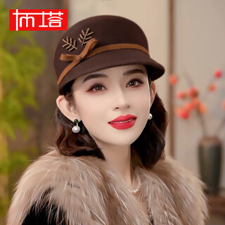 Ptah autumn and winter woolen hat equestrian hat small top hat british retro ins style woolen style hat temperament knight hat coffee color