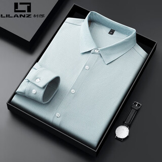 Lilanz autumn and winter new men's shirt long-sleeved business casual plus velvet thickened iron-free shirt men's striped shirt green m