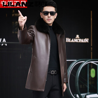 利郎中长款真皮皮衣男冬季狐狸毛领皮夹克加厚保暖大码爸爸装羽绒外套 咖色 5XL 200 建议【185-205斤】