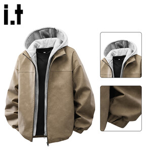 Chocoolateit fake two-piece hooded leather jacket men's winter new fashion brand trendy loose casual jacket coffee l