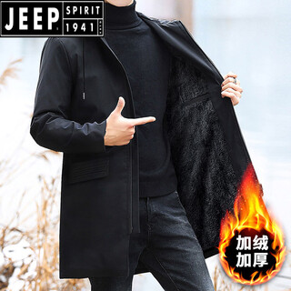 JEEP SPIRIT冬季加绒夹克男宽松风衣中长款外套潮流上衣时尚大码加厚保暖棉衣 1813黑色 加绒 7XL (230-255斤)
