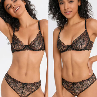 Victoria palace large size underwear sexy lace embroidery ultra-thin big breast revealing small leopard print bra set securing secondary breasts and pushing up leopard print 70b /32