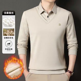 Kbxng jinba men's long-sleeved wool sweater plus velvet warm casual business versatile lapel fake two pieces containing mulberry silk off-white m 165105 recommended 100-120 jin jin equals 0.5 kg to wear