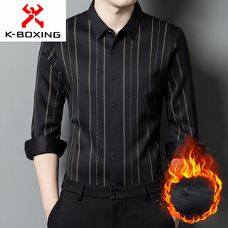 KBXNG劲霸加绒衬衫男士无痕长袖中年时尚商务休闲条纹弹力衬衣加厚保暖 黑色 M 165