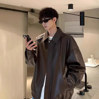 胖东来超市代购同款皮衣夹克黑色PU皮衣夹克男春秋季美式cleanfit 咖色 M