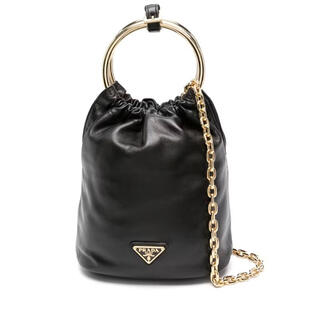 Prada women's handbag adjustable shoulder strap drawstring design portable storage shoulder carrying black sheepskin metal ring black tu
