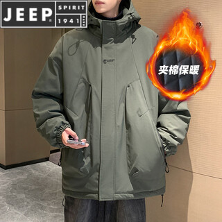 Jeep spirit chaqueta cálida acolchada de invierno con capucha para hombre, ropa de trabajo holgada y moderna, chaqueta cortavientos para hombre, estilo acolchado verde oscuro s