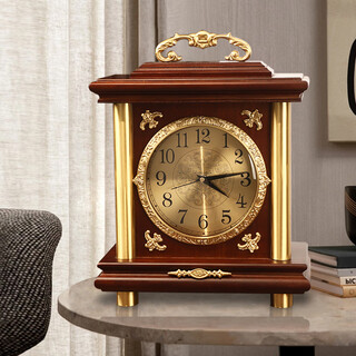 Xingxi solid wood desk clock chinese style living room light luxury brass sitting clock european retro desktop desk clock new chinese desk clock brass column model-metal dial
