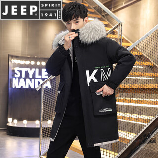 Jeep spirit autumn and winter men's velvet thickened windbreaker men's hooded fur collar mid-length trendy casual warm jacket top black m