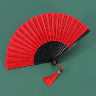 Yusenyi chinese style compact folding fan for women's cheongsam lace fan ancient style folding fan dance fan summer portable fan red lace fan jade beads style personal use daily fan