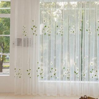 Gauze curtain is light-proof and opaque. idyllic fresh embroidered gauze curtain for living room, bedroom and balcony. sun protection velcro hook curtain. white magnolia gauze hook. semi-permeable. width 1.5m*height 2.7m. height can be shortened. 1 piece