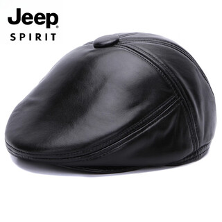 Jeep spirit light luxury genuine leather hat men's middle-aged and elderly hat sheepskin beret casual peaked cap winter outdoor warm front black m extra large (61-62c)