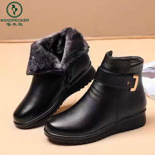 Woodpecker flat leather shoes mother's shoes cotton shoes women's autumn and winter middle-aged soft leather soft-soled short boots plus velvet warm middle-aged and elderly women's shoes black black velvet 37