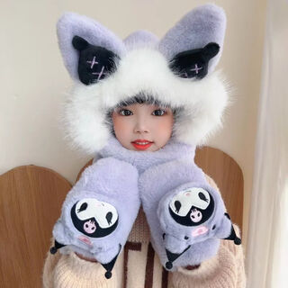 Ultraman kuromi children's hat, scarf and gloves all in one for boys and girls, winter warm and anti-freeze plus velvet and thickened baby ear protection hat, purple three-dimensional black corner kuku warm three-piece set 2-7 years old (49-52 cm) thickened version