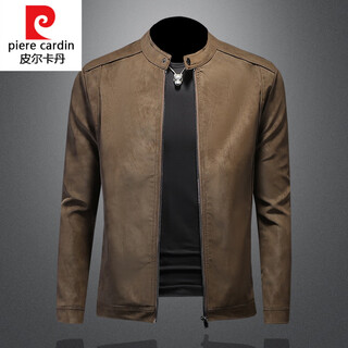 Pierre cardin suede leather jacket men's trendy slim motorcycle american retro casual stand collar soft leather jacket spring autumn khaki m