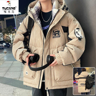 Woodpecker down jacket men's winter 2025 new textured workwear jacket men's hooded thickened teenagers' winter winter wear khaki m