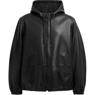Coach fw24 solid color reversible hooded long-sleeved leather jacket for men black black s