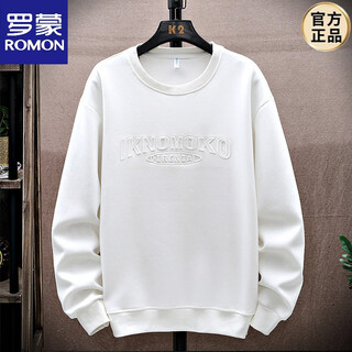 Romon large size round neck sweatshirt men's autumn and winter plus velvet thickened warm top fat men's plus fat long-sleeved t-shirt a605 white spring and autumn style m 80-100jin jin is equal to 0.5 kg