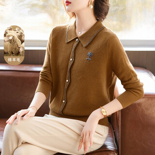 Qianlian 100% sheep wool mom autumn and winter fashion lapel sweater middle-aged and elderly women's wool sweater