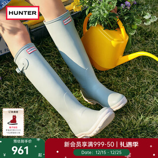 Hunter women's classic wellington high women's rain boots waterproof anti-slip same color buckle outdoor camping rain boots light green/white/rmw 37