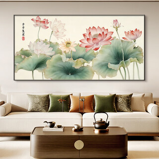 Ideology chinese style living room decorative painting lotus with good meaning sofa background wall hanging painting lotus horizontal version tea room office mural g8827-lotus lotus fish a 100*50 high-definition texture art canvas + ps environmentally friendly frame light luxury gold frame