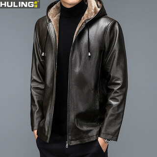 龙牙（Dragon Tooth）秋冬季中老年皮衣连帽男士皮夹克大码宽松休闲爸爸装加绒加厚外套 105咖色 M 165__95-115斤