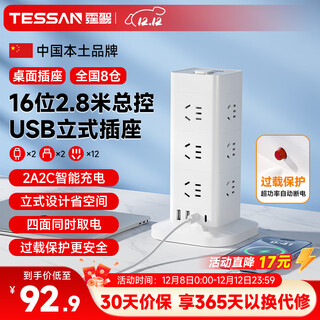 霆圣立式插座/插排/排插/插板/接线板/拖线板/总控2.8米 过载保护 12位AC插孔 2USB-A+2TYPE-C