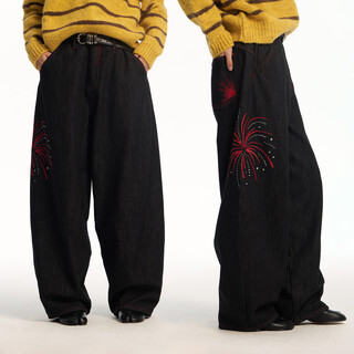 Mr. jiangnan newjnxs heavy velvet new year fireworks hot diamond silhouette scimitar pants autumn and winter loose jeans black m