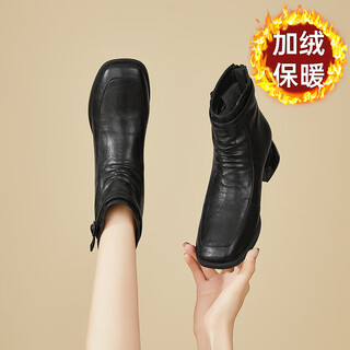 Daphne daphne short boots women's velvet leather boots 2025 new women's boots winter warm temperament fashion boots black velvet heel height 4cm 34 (220mm) standard size