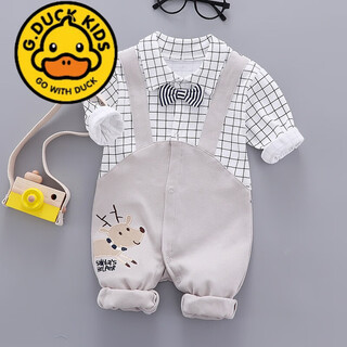 G.duck spring and autumn 1-3 months 6 newborn baby long-sleeved gentleman's one-piece baby one-piece clothes boy one-year-old dress for 100 days light gray plaid gray suspender long sleeve 73cm recommended 14-18jin jin equals about 0.5 kg